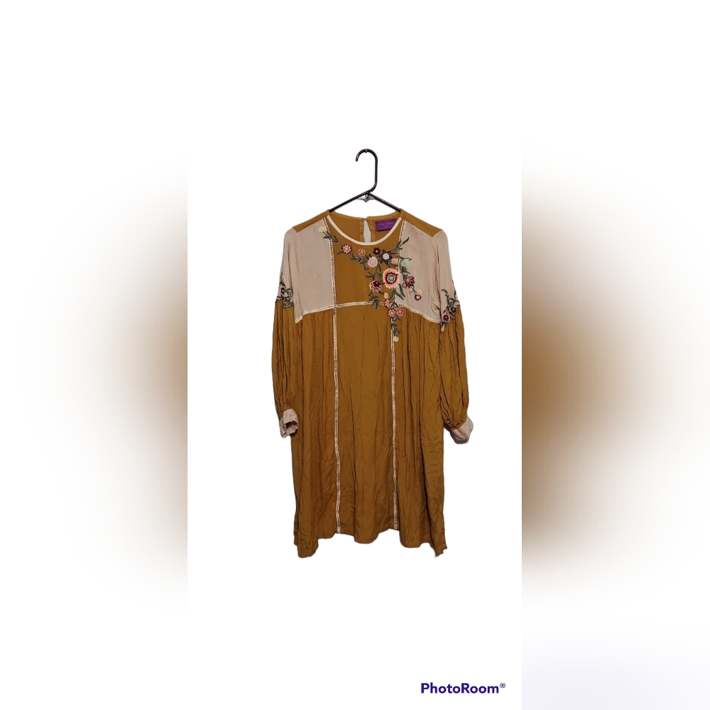 Peasant Boho Dress Medium Embroidered Cottagecore Yellow Floral Garden Party